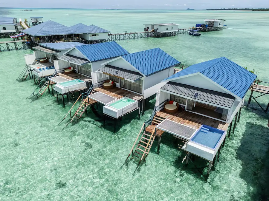 High angle drone shot of the resort in Semporna Sagittarius Resort